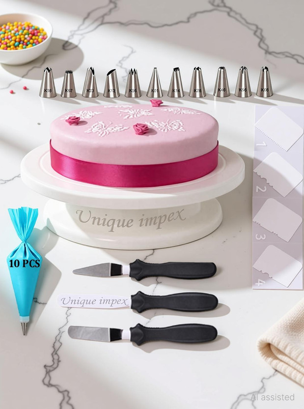Tesla exim - Revolving Cake Decorating Turntable with 4-pc Scraper Set + 12 Piece Cake Decorating Set Frosting Icing Piping Bag Tips with Steel Nozzles Reusable & Washable For Cake Decorating,10Pc Disposable Piping Bags, Cake Stand for Sugar craft,Scraper For Cake Cutter Kitchen Tool Set(Baking Tool
