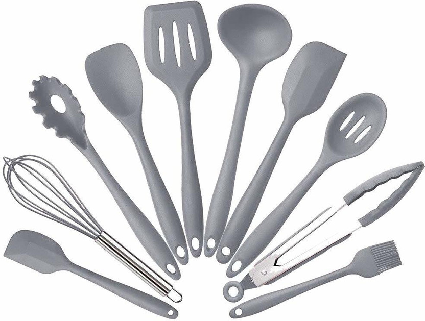 SYGA Silicone Kitchen Utensils Set, 10 Pieces Silicone Cooking & Baking Tool Sets Non-Toxic Hygienic Safety Heat Resistant (Grey) Kitchen Tool Set(Grey, Ladle, Spatula, Brush, Baking Tools)
