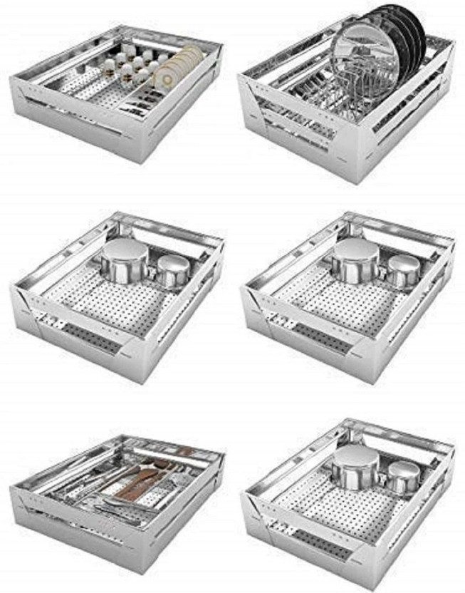 Sanjari Modular Kitchen Stainless Steel Organizer Basket (19*20,set of-6) Stainless Steel Kitchen Trolley(Pre-assembled)