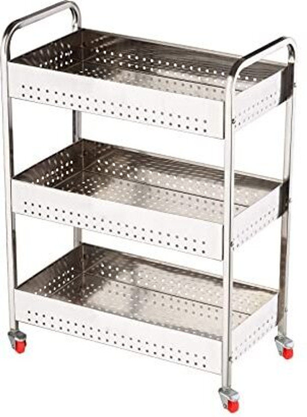 DEVRSHREE 3 Layer Stainless Steel Folding Onion Potato Trolley With Stand and Wheel Stainless Steel Kitchen Trolley(Pre-assembled)