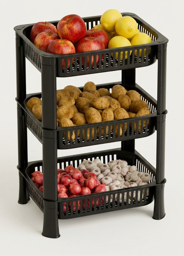 VR Fruits/Vegetables Kitchen Rack Plastic 3 Layer Kitchen Storage Rack Square Design Fruits & Vegetable Basket Plastic