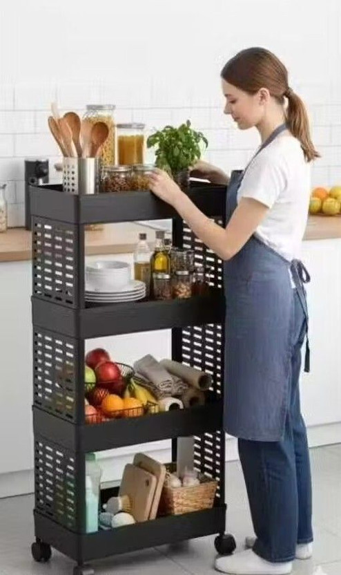 leros 4 Layer Black Tier Rolling Storage Kitchen Storage Organizer Kitchen Trolley Plastic Kitchen Trolley(DIY(Do-It-Yourself))