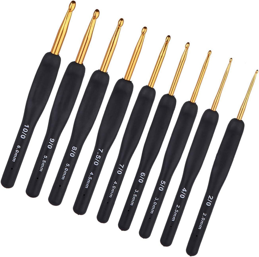 SHREEVALAM 9 Pcs Crochet Hook with Black GOLD Soft Grip Aluminium Needles for Knitting DIY Knitting Pin(Pack of 9)