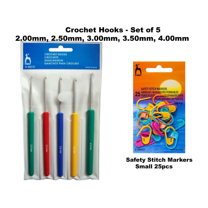 Pony Knitting Crochet Hooks Needle Set of 5, Ergonomic Knitting Needle Set with Crochet Locking Stitch Markers(25 Pcs), Soft Grip Handles Hooks 2.0mm-4.0mm Length 14cm Knitting Pin(Pack of 5)