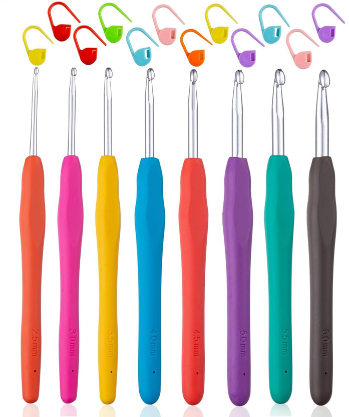 Gemsy Crochet Hook Set – 8 Sizes (2.5mm-6mm) Rubber Grip, Knitting Needles Knitting Pin(Pack of 8)