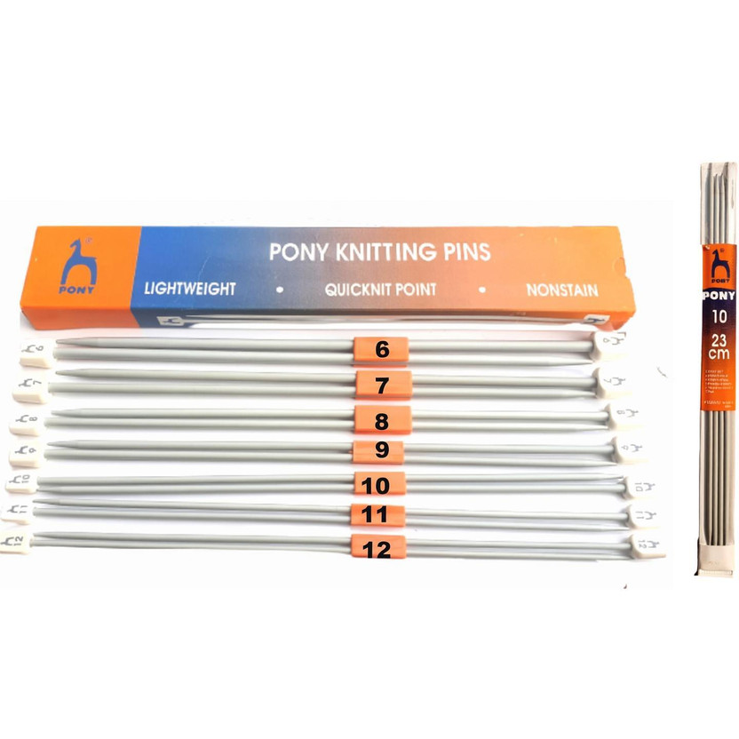 Artonezt Pony Lightweight Single Point Knob Aluminium Knitting Pins/Knitting Needles (Grey, Size No. 6 to 12, Length 25cm) Along with Neck Needles Set of 4 (Size No. 10) Knitting Pin(Pack of 10)