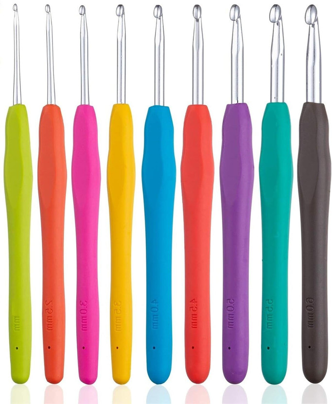 BJIK Set 9 Size Soft Plastic Handle Aluminum Crochet Hook Needles Sizes- 2.5Mm To 6Mm Knitting Pin(Pack of 9)
