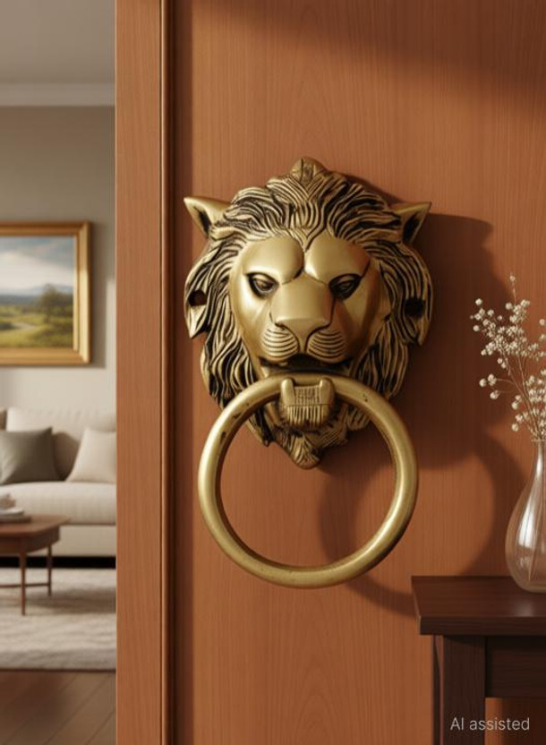 Mla's Decor Brass Lion Face Shape Design Door Pull Handle Heavy Antique Brass Door Handle(Gold Pack of 1)