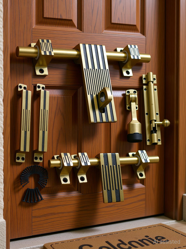 Goldstores 10 inches Aluminium Door Fittings Full Set | Door Hardware Accessories Kit, Brass Antique Finish | 1 Aldrop, 1 Latch, 1 Stopper, 1 Tower Bolt, 2 Handles (Line) Visit the Atom Store Aluminium Door Handle(Gold Pack of 4)