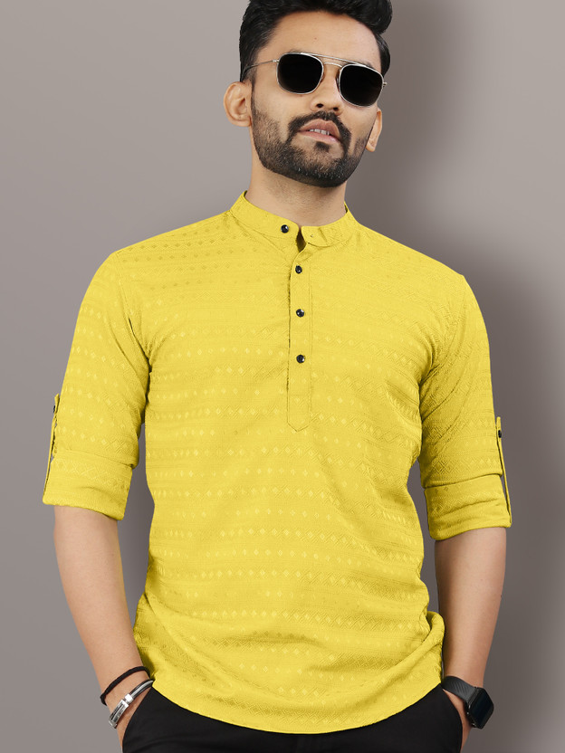 VeBNoR Men Self Design Straight Kurta(Yellow)