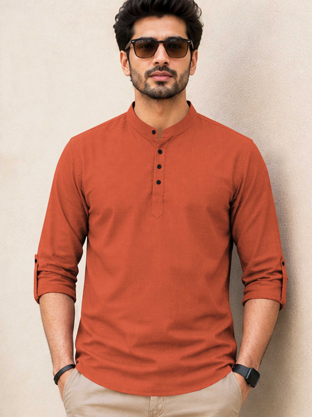 VeBNoR Men Solid Straight Kurta(Orange)