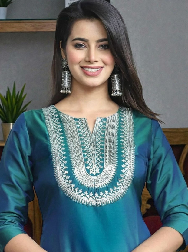 DHARM CREATION Women Embroidered A-line Kurta(Blue)