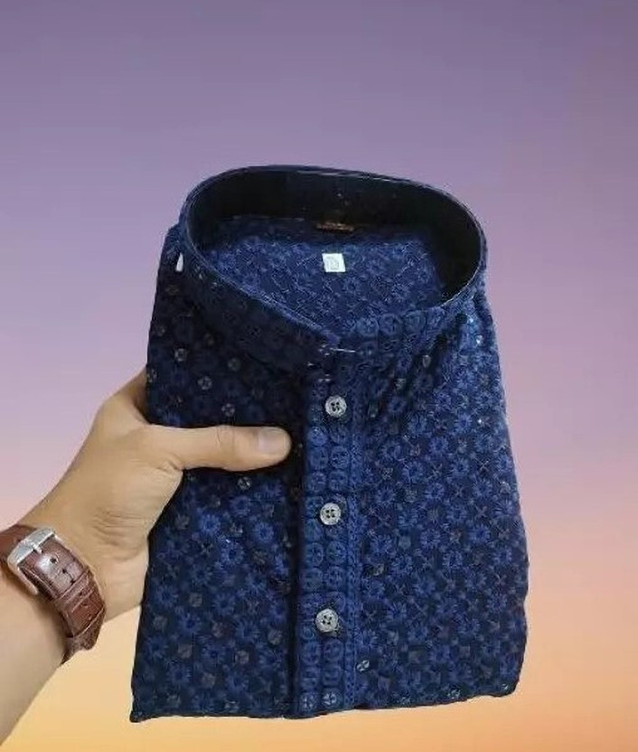 fabzy Men Chikan Embroidery Straight Kurta(Dark Blue)