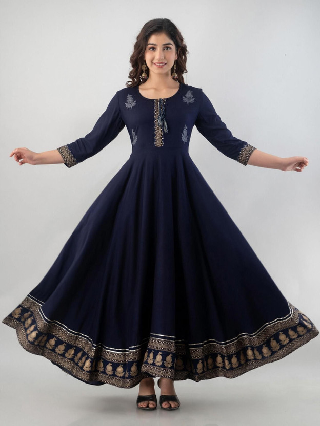 ALHD Women Printed Anarkali Kurta(Dark Blue)