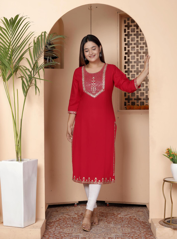 his&her Women Embroidered, Embellished Straight Kurta(Red)