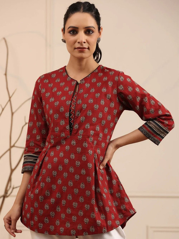 Golden Wings Women Printed A-line Kurta(Maroon)