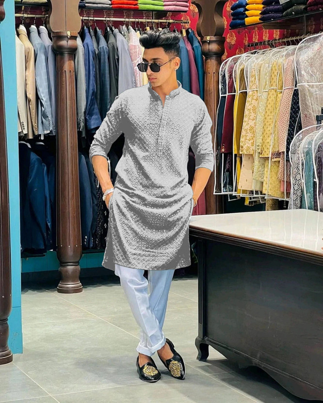 ORIFAB Men Embroidered Straight Kurta(Grey)