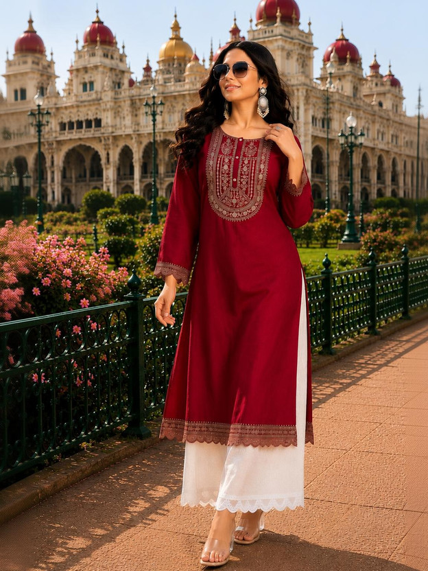 KYH KYH Women Embroidered Straight Kurta(Maroon) - Flipkart Deal