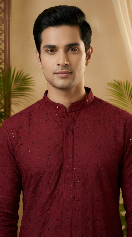 ADHIRAJAN Men Chikan Embroidery, Embellished Straight Kurta(Maroon)