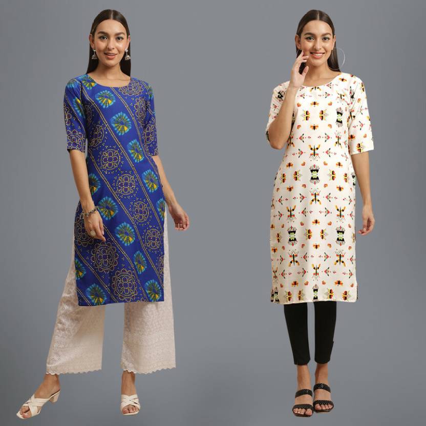 [Size S] EthnicBasket Pack of 2 Women Printed Crepe Straight Kurta  (Multicolor)