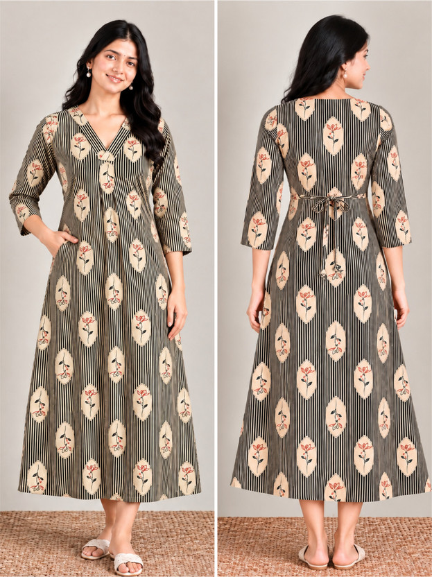 Dream Dream Global Women Striped, Floral Print A-line Kurta(Beige, Green) - Flipkart Deal