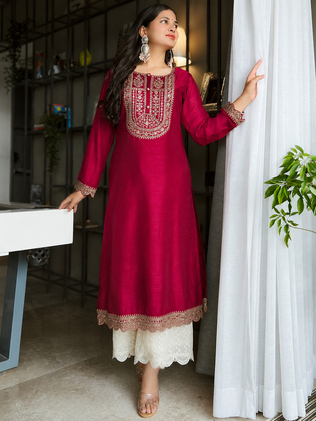 KurtiByHarshita KurtiByHarshita Women Embroidered A-line Kurta(Maroon) - Flipkart Deal