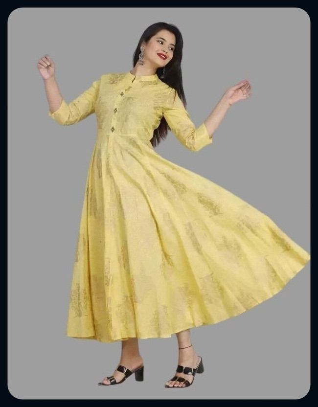 Rachuri Women Printed Gown Kurta(Yellow)