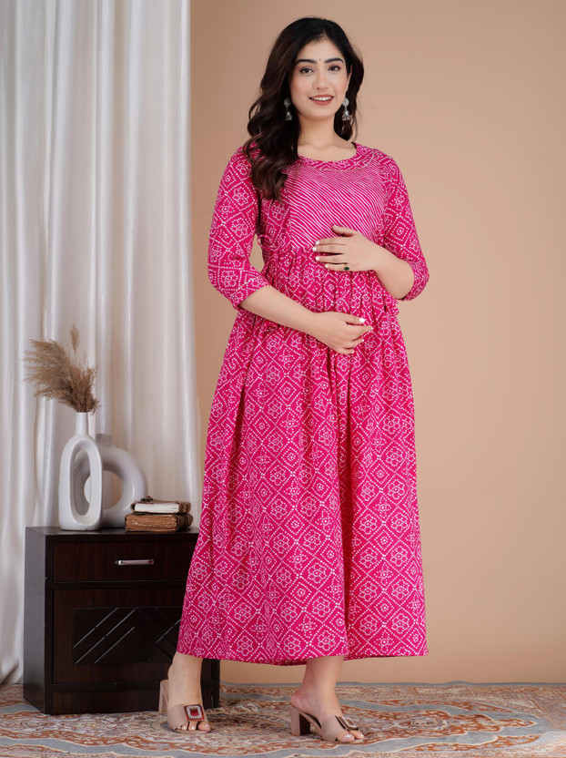 Tulsiram Women Printed Anarkali Kurta(Pink, White)