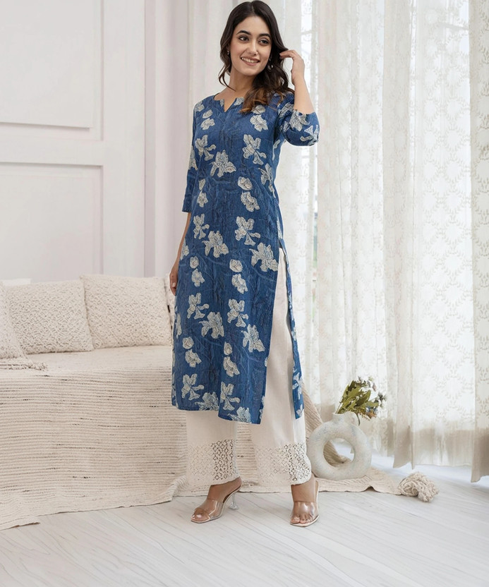 JSIMAR Women Printed Straight Kurta(Blue)