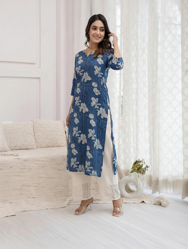 JSIMAR Women Printed Straight Kurta(Blue)