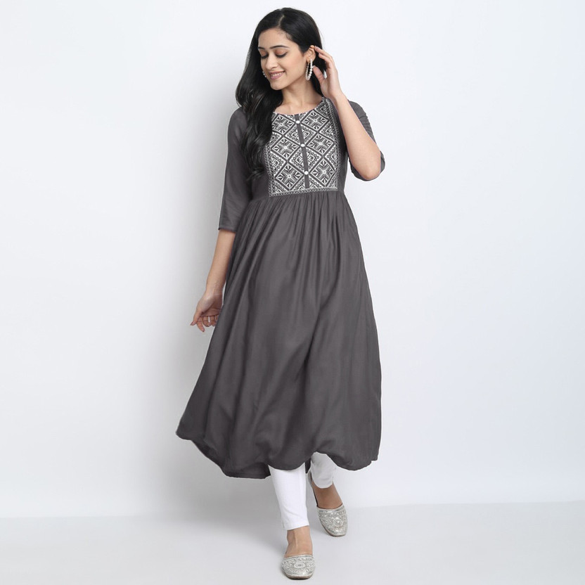 FASHION PATTI Women Embroidered Flared Kurta(Grey)