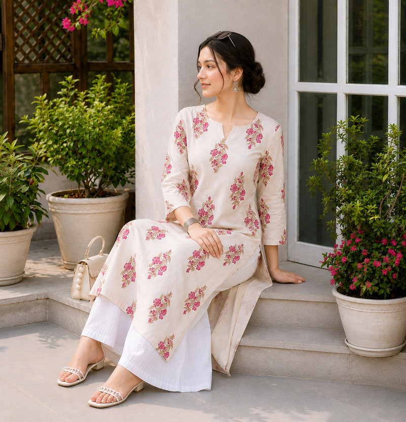 Lascaux Lascaux Women Floral Print Straight Kurta(Beige, Pink) - Flipkart Deal