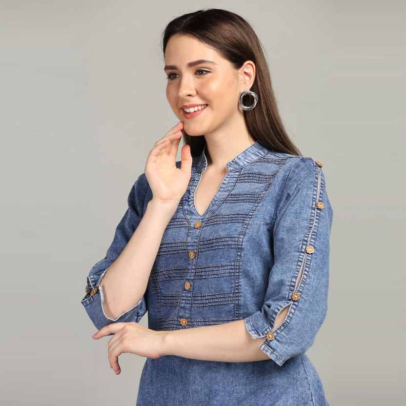 CREATIVE Women Solid Asymmetric Kurta(Blue)