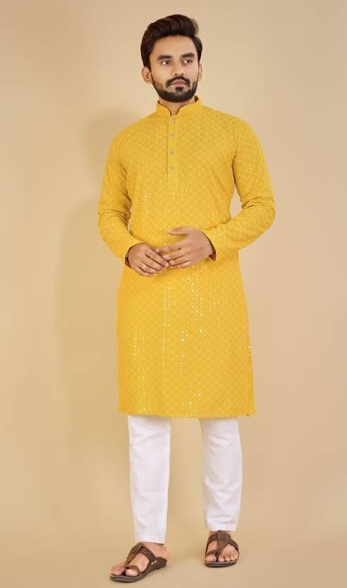 KURTAFORMEN KURTAFORMEN Men Embroidered, Self Design, Chikan Embroidery, Embellished, Solid, Woven Design Straight Kurta(Yellow) - Flipkart Deal