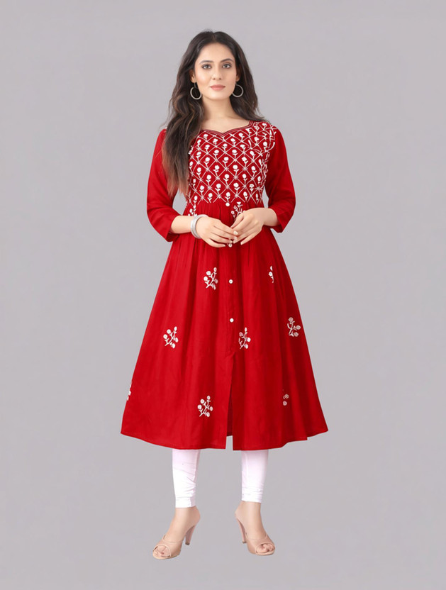 Fashion Mint Women Embroidered Flared Kurta(Red)