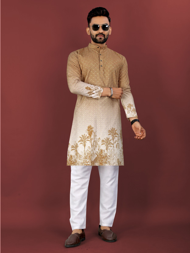 KRIJET Men Printed, Embellished, Floral Print, Striped Straight Kurta(Brown)