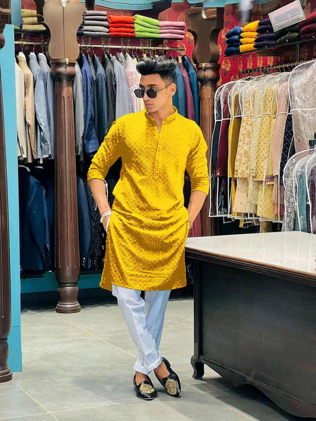KURTAFORMEN Men Chikan Embroidery Straight Kurta(Yellow)