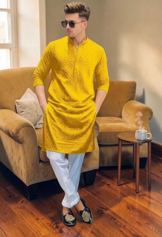 KURTAFORMEN Men Chikan Embroidery Straight Kurta(Yellow)