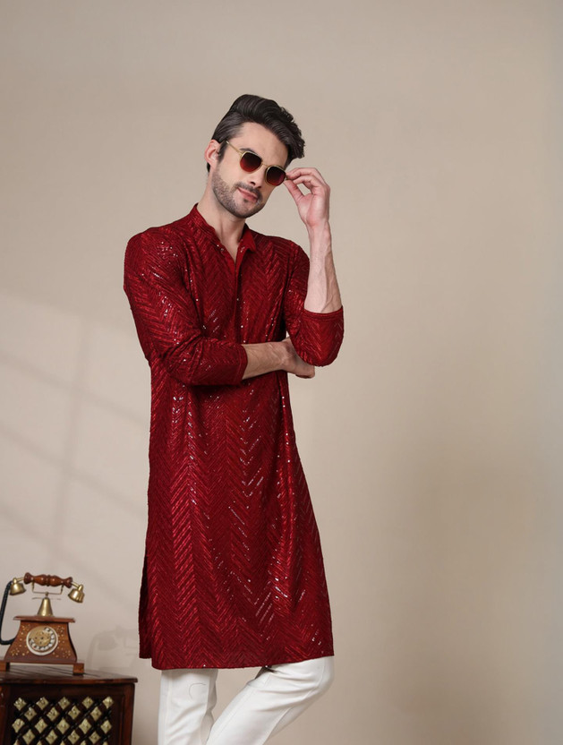 ADHIRAJAN ADHIRAJAN Men Embellished Straight Kurta(Maroon) - Flipkart Deal