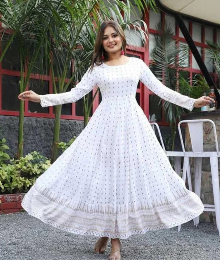 OZ SERVICES Women Printed Anarkali Kurta(White)