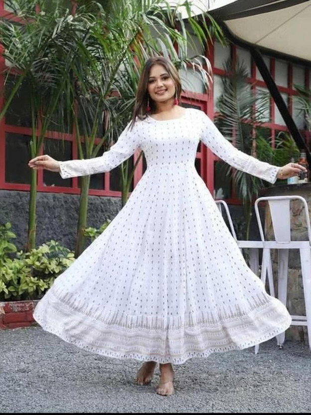 OZ SERVICES Women Printed Anarkali Kurta(White)