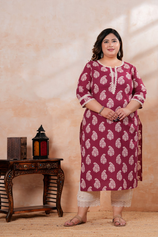 ISER INDIA Women Printed Straight Kurta(Red)