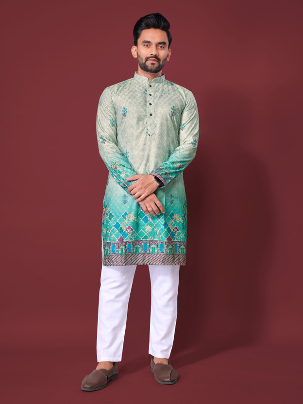 LeipZig Men Floral Print Straight Kurta(Light Blue)