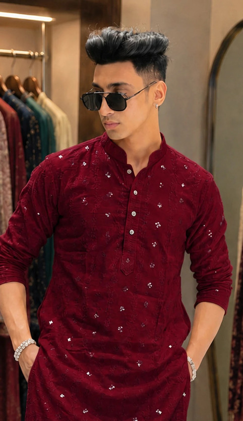 TRIGUNA Men Embroidered Straight Kurta(Maroon)