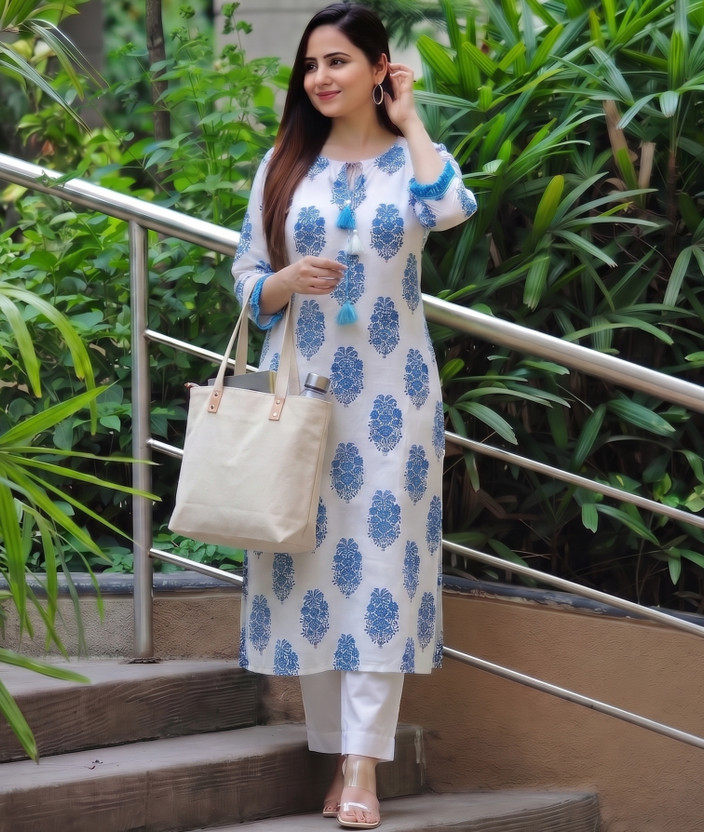 Sa Rasa Women Printed Straight Kurta(Blue, Brown)