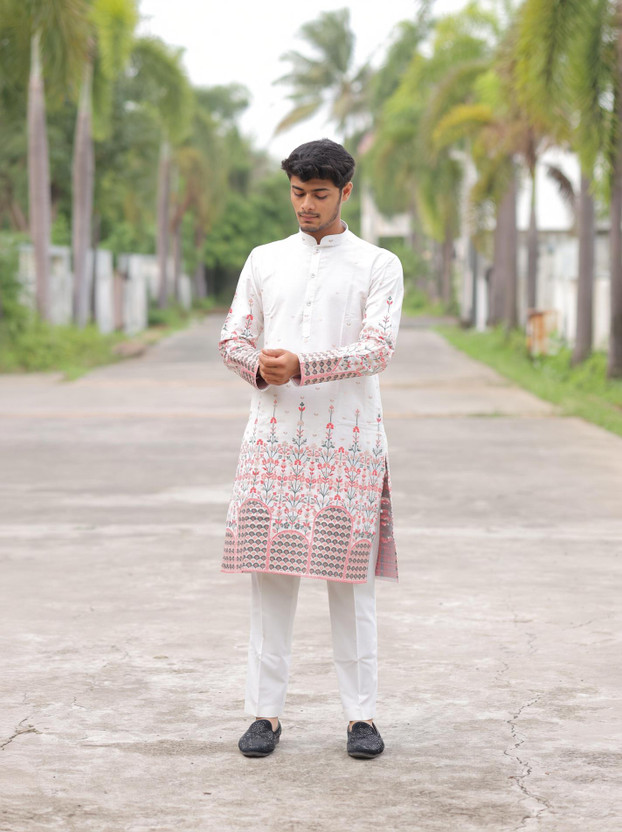 HOUSE OF SANSKRUTI Men Printed Straight Kurta(White)