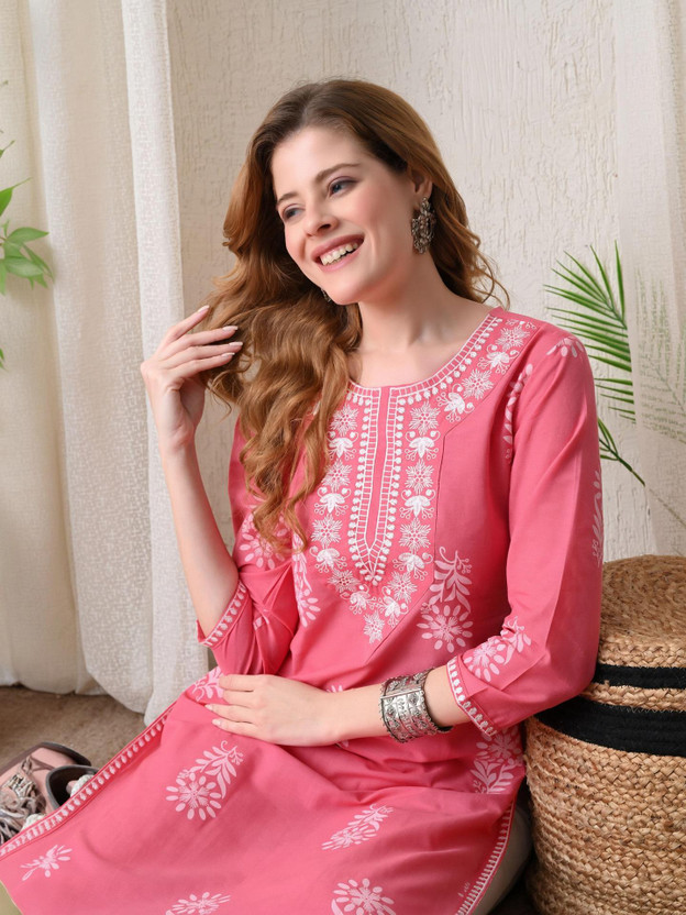 Koito Koito Women Chikan Embroidery Straight Kurta(Pink, White) - Flipkart Deal