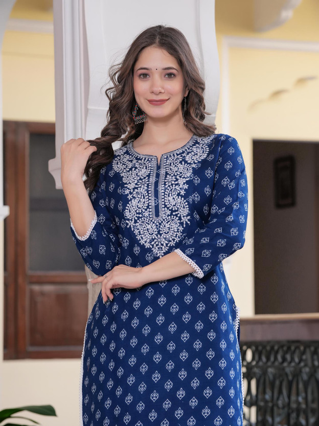 PHYSIL Women Embroidered Straight Kurta(Blue)