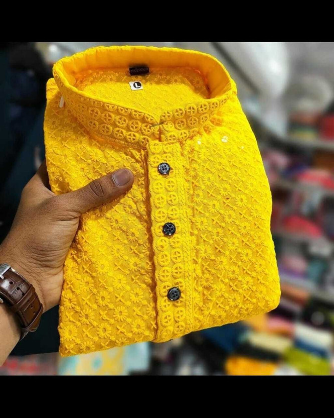 CRYSTALREVENUE Men Chikan Embroidery Straight Kurta(Yellow)