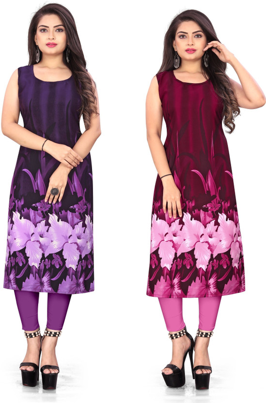 maruti fab Women Floral Print Straight Kurta(Purple, Pink)